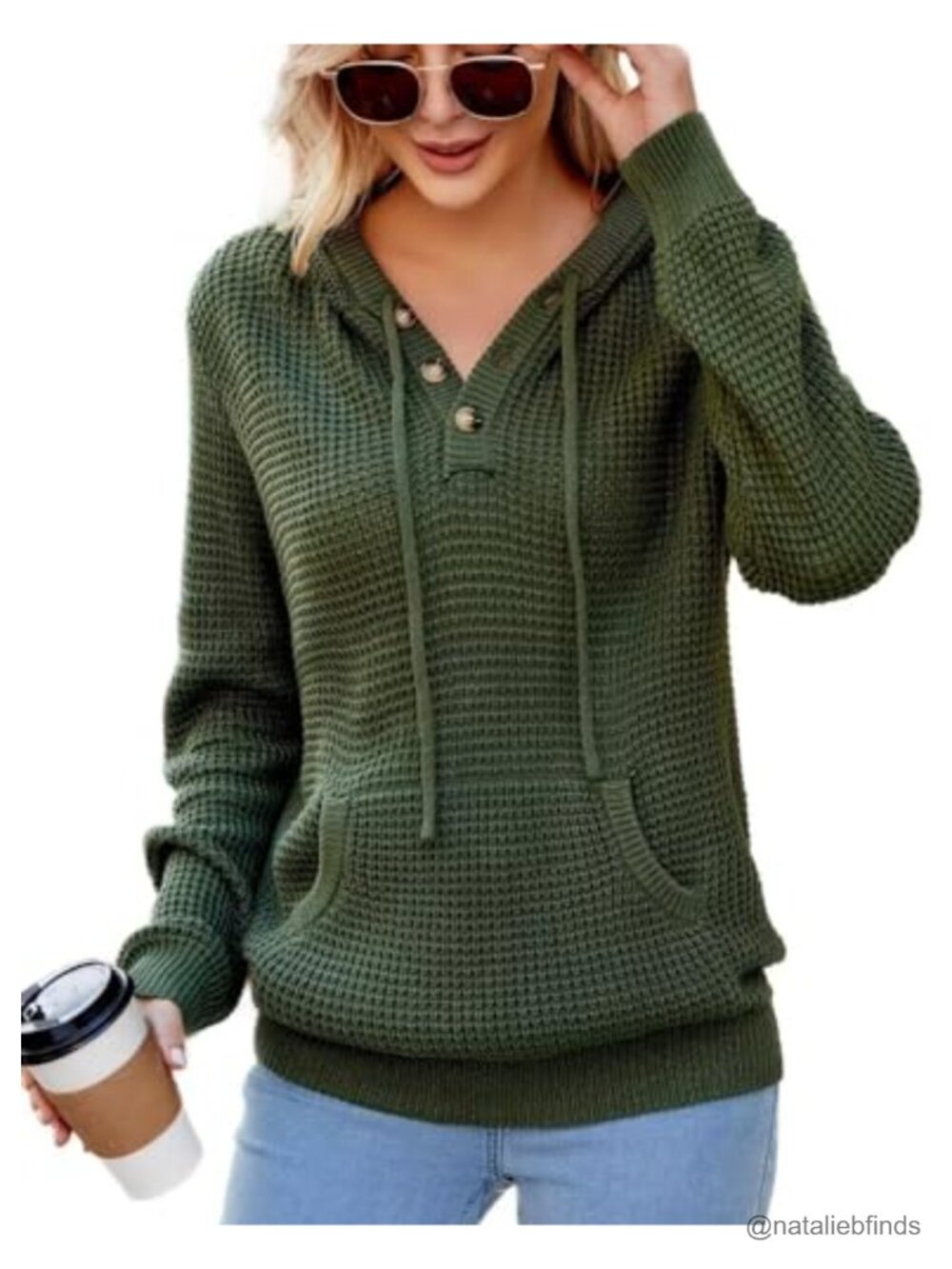 Women's Knit Hoodie Sweater Waffle Texture V-Neck with Kangaroo Pocket
